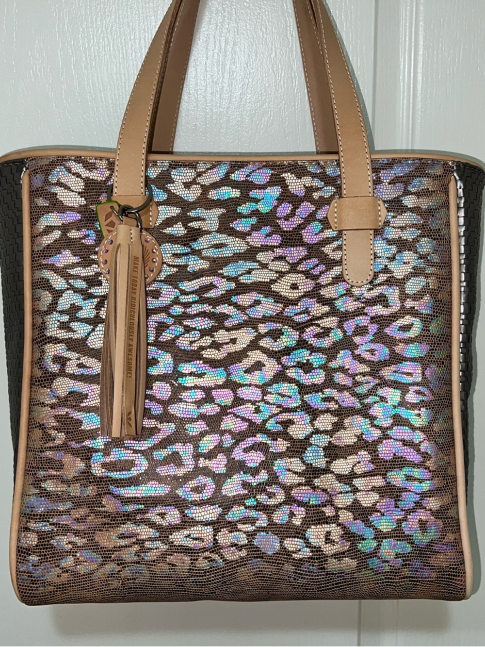 Consuela Iridescent Leopard-Print Tote in Tan and Brown - Picture 14 of 16